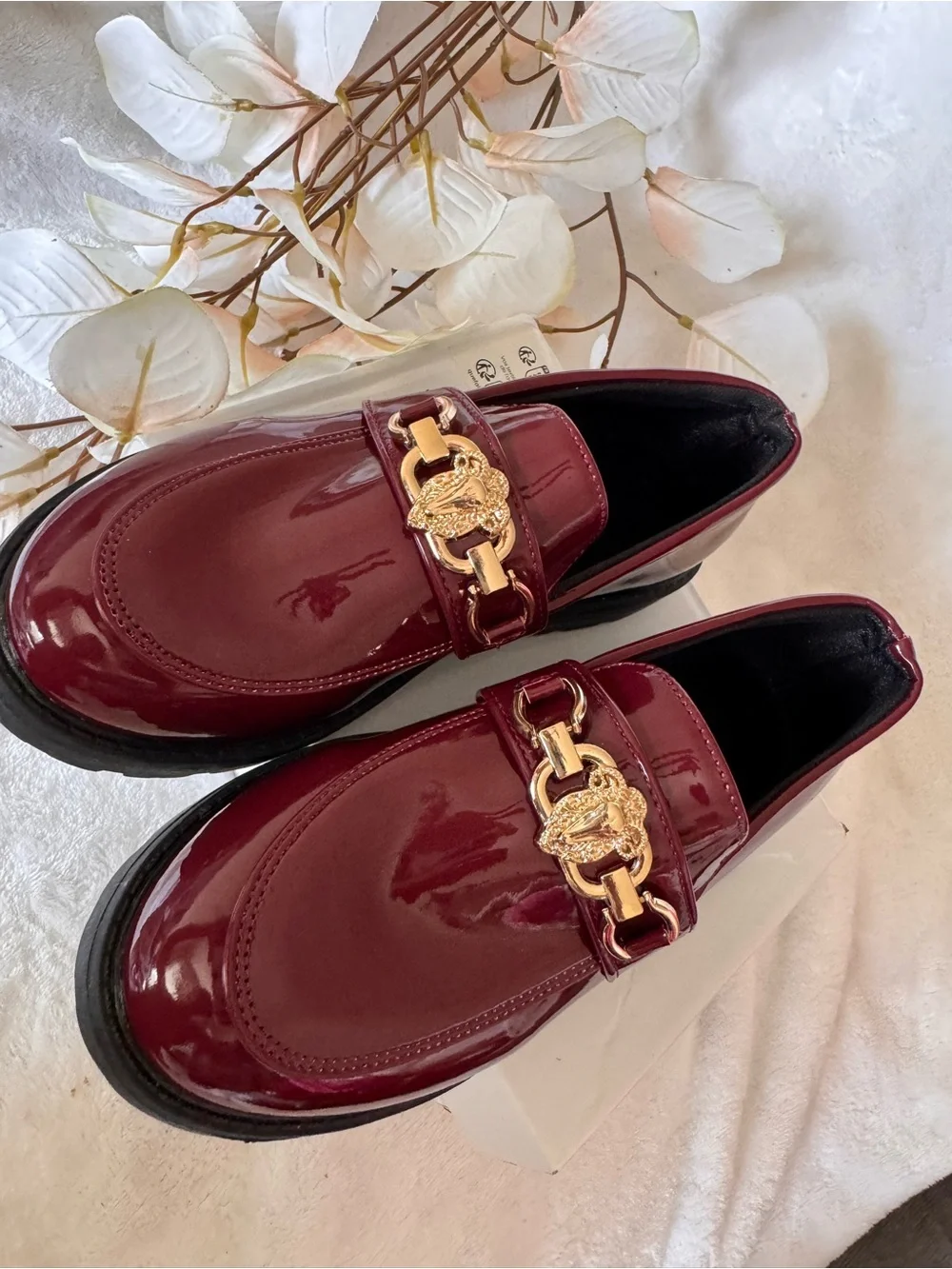 Patent Burgundy Men’s Loafers with Gold Bit Detail